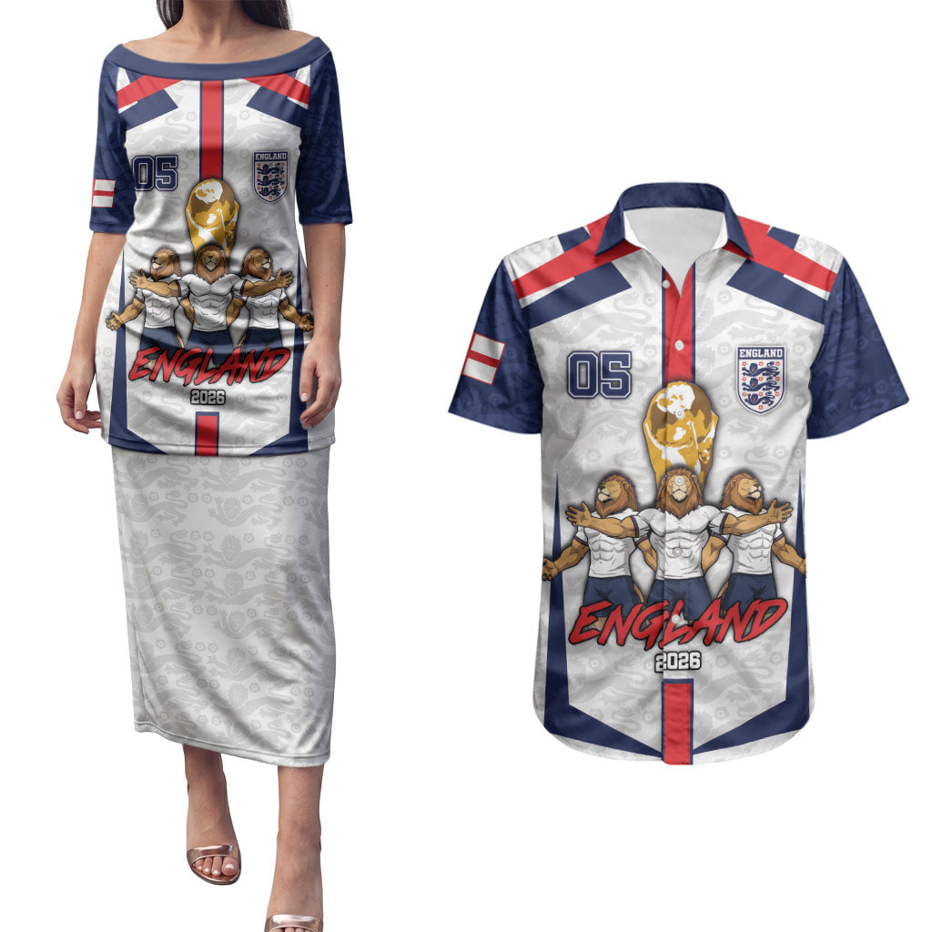 Custom England Football Couples Matching Puletasi and Hawaiian Shirt Three Lions Trophy St George Cross