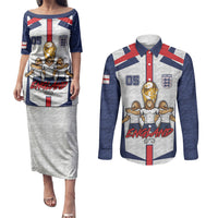 Custom England Football Couples Matching Puletasi and Long Sleeve Button Shirt Three Lions Trophy St George Cross