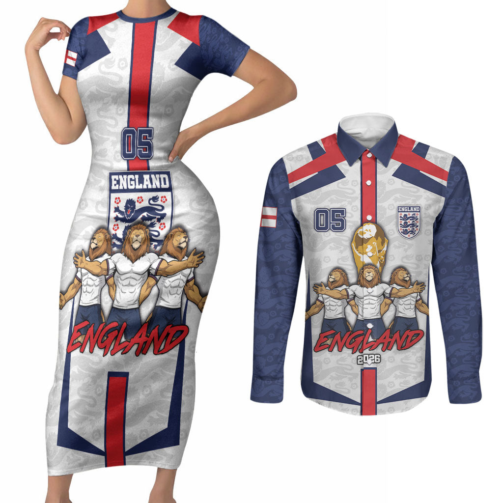 Custom England Football Couples Matching Short Sleeve Bodycon Dress and Long Sleeve Button Shirt Three Lions Trophy St George Cross