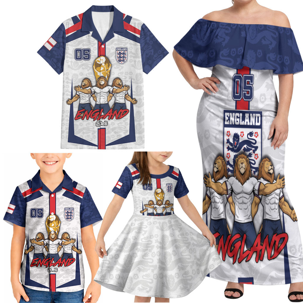 Custom England Football Family Matching Off Shoulder Maxi Dress and Hawaiian Shirt Three Lions Trophy St George Cross