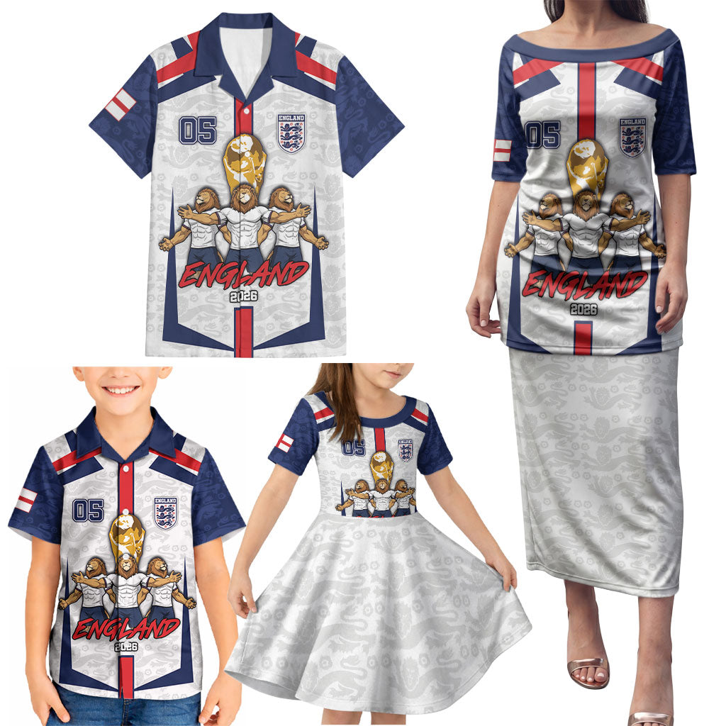 Custom England Football Family Matching Puletasi and Hawaiian Shirt Three Lions Trophy St George Cross