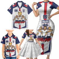 Custom England Football Family Matching Short Sleeve Bodycon Dress and Hawaiian Shirt Three Lions Trophy St George Cross