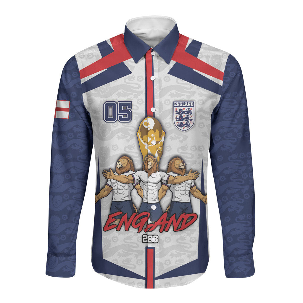 Custom England Football Long Sleeve Button Shirt Three Lions Trophy St George Cross