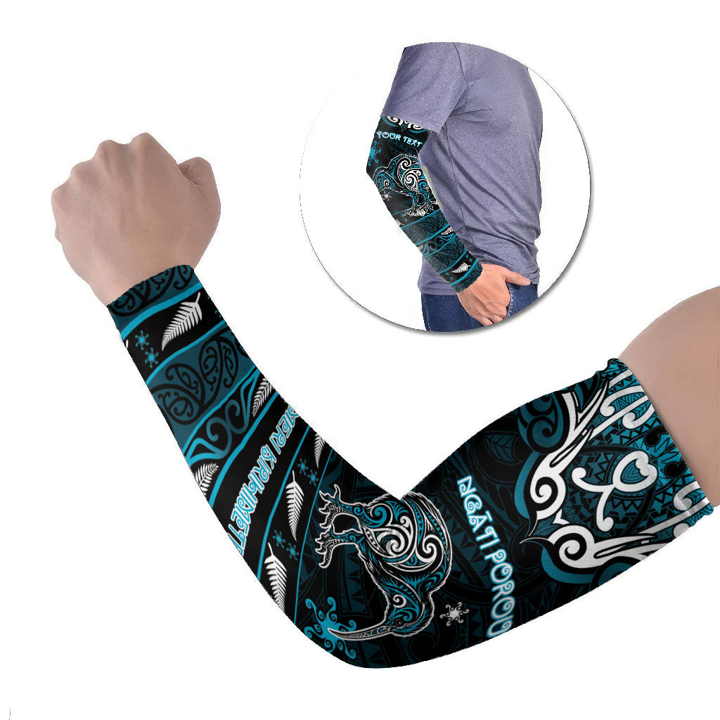 Personalised Ngati Porou Aotearoa Meri Kirihimete Arm Sleeves Maori Kiwi Bird Silver Fern Koru Pattern DT05 Set of 2 Blue - Polynesian Pride