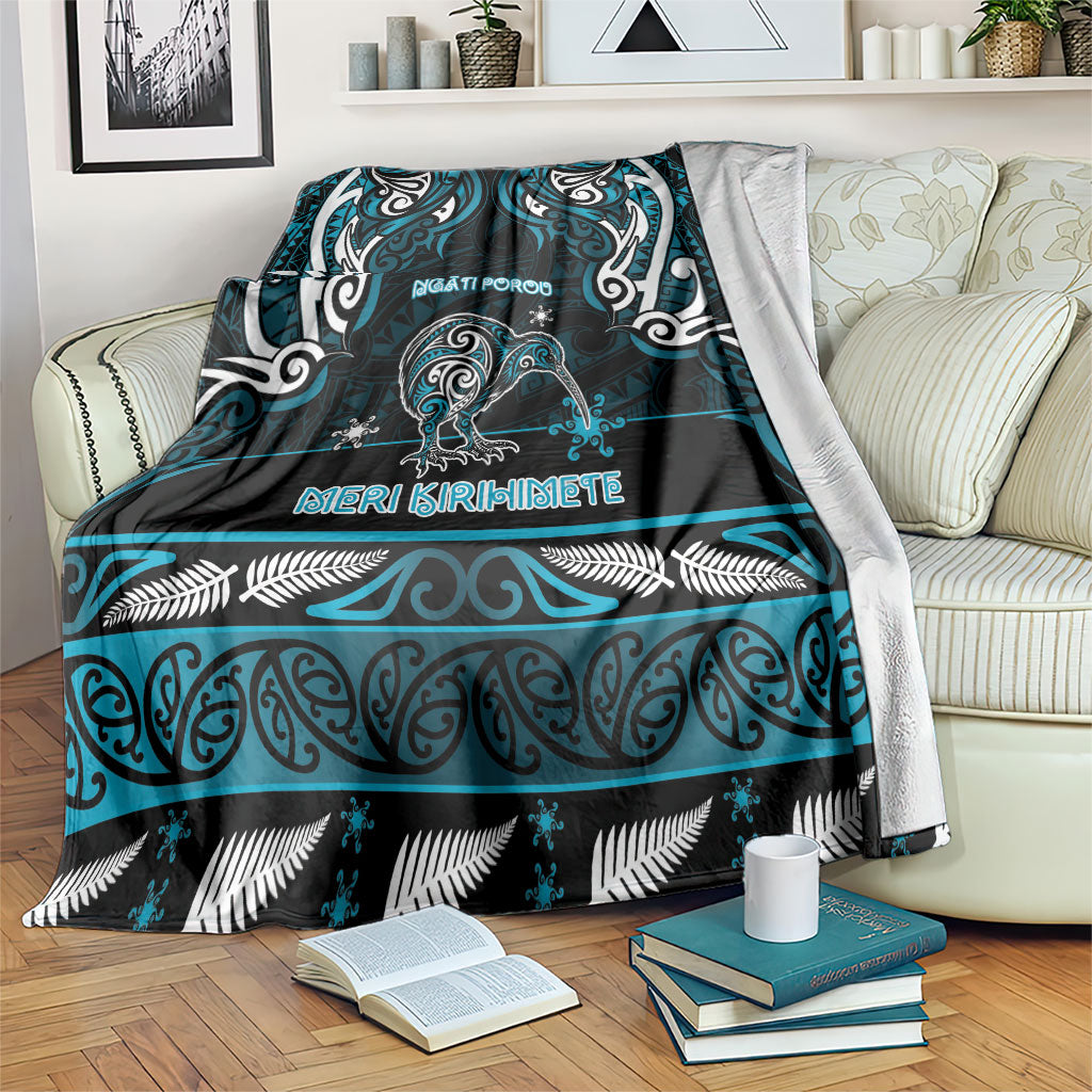 Ngati Porou Aotearoa Meri Kirihimete Blanket Maori Kiwi Bird Silver Fern Koru Pattern DT05 Blue - Polynesian Pride