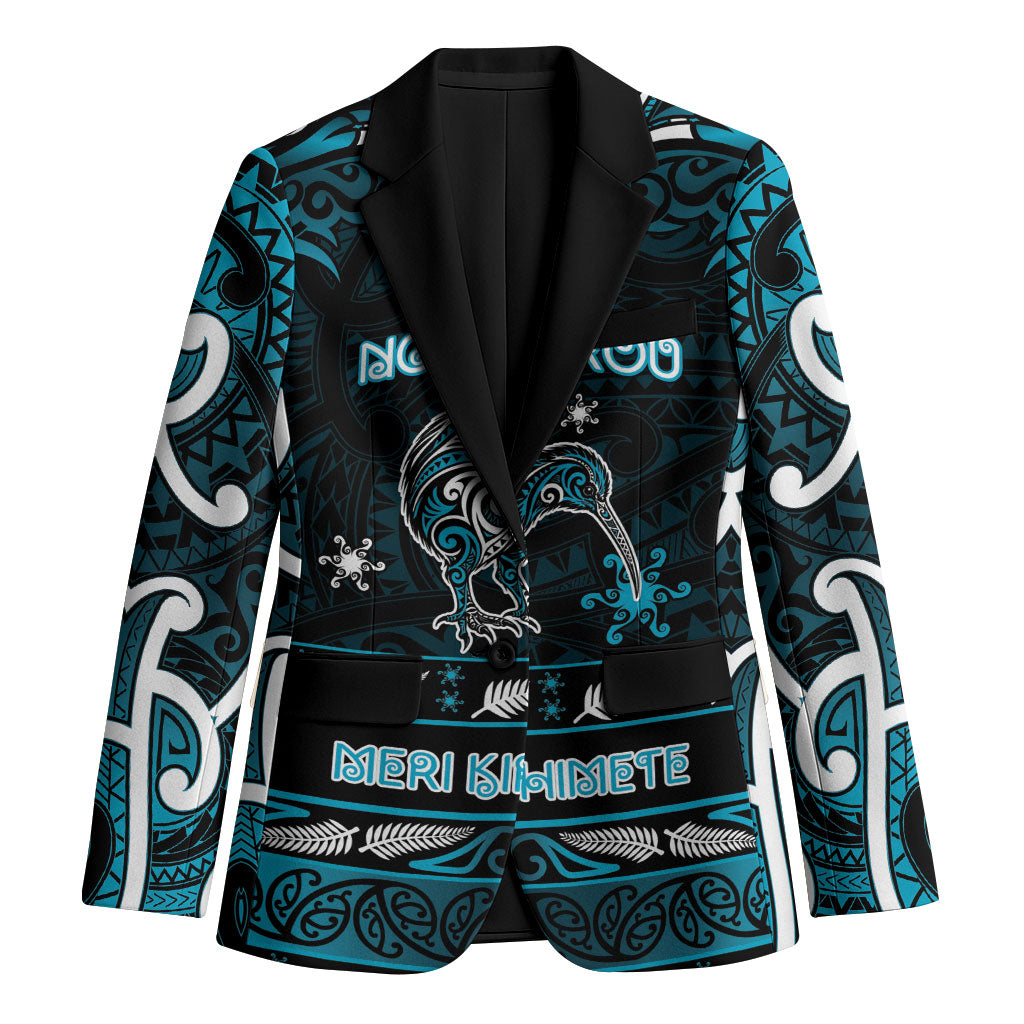 Personalised Ngati Porou Aotearoa Meri Kirihimete Blazer Maori Kiwi Bird Silver Fern Koru Pattern DT05 Unisex Blue - Polynesian Pride