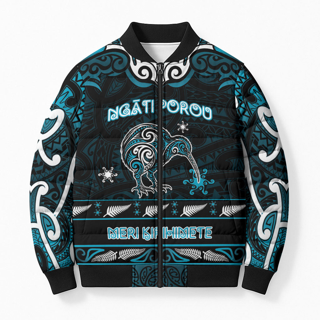 Personalised Ngati Porou Aotearoa Meri Kirihimete Bomber Puffer Jacket Maori Kiwi Bird Silver Fern Koru Pattern DT05 Unisex Blue - Polynesian Pride