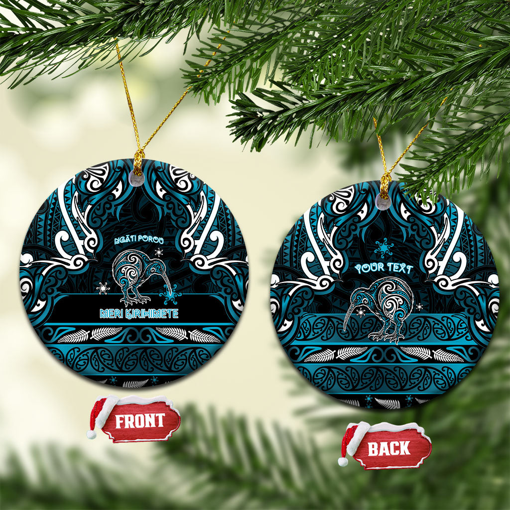 Personalised Ngati Porou Aotearoa Meri Kirihimete Ceramic Ornament Maori Kiwi Bird Silver Fern Koru Pattern DT05 Circle Blue - Polynesian Pride