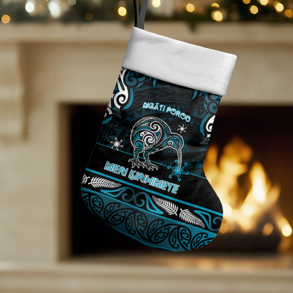 Personalised Ngati Porou Aotearoa Meri Kirihimete Christmas Stocking Maori Kiwi Bird Silver Fern Koru Pattern DT05 Set of 2 Blue - Polynesian Pride