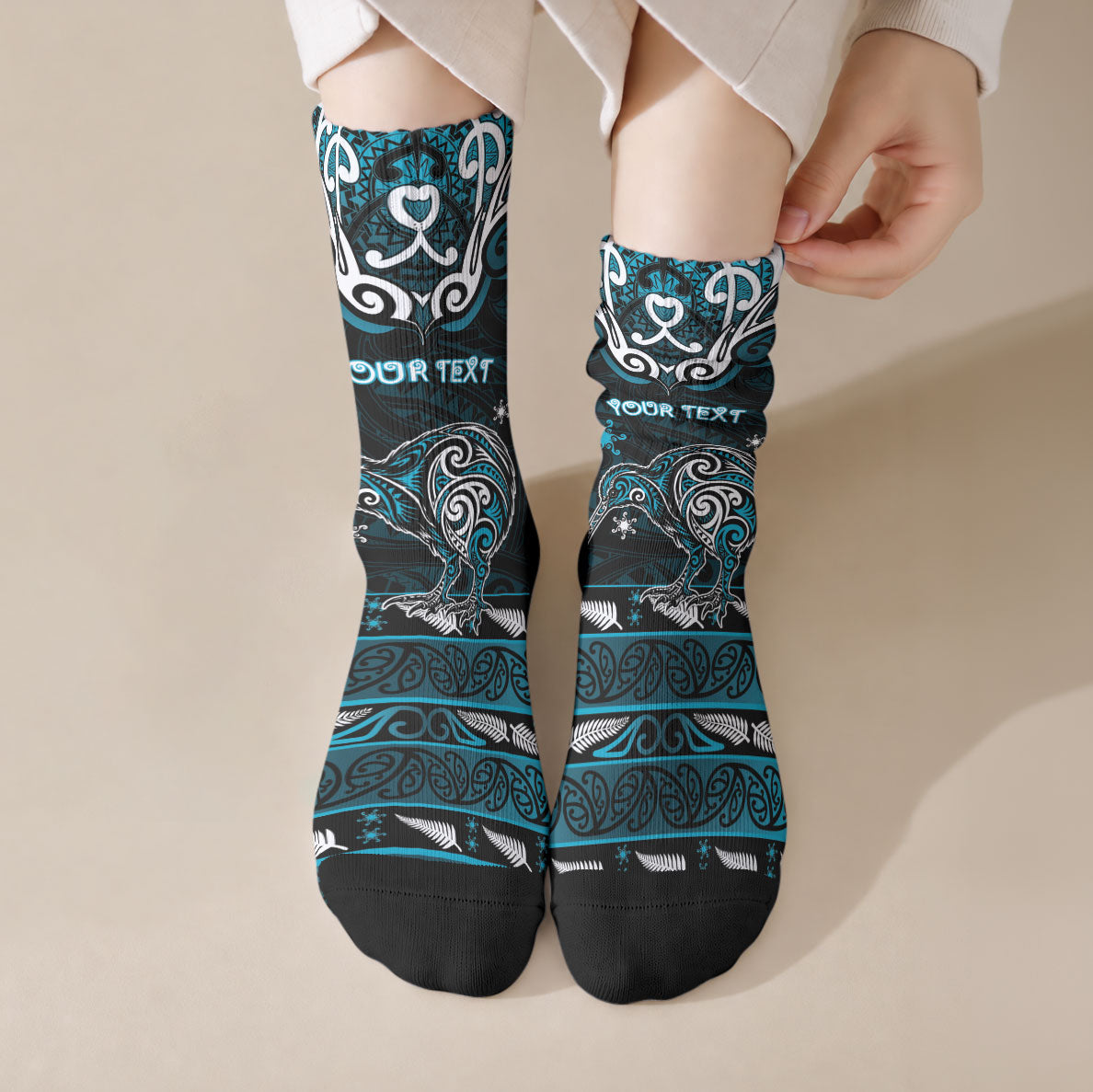Personalised Ngati Porou Aotearoa Meri Kirihimete Crew Socks Maori Kiwi Bird Silver Fern Koru Pattern DT05 Crew Socks Blue - Polynesian Pride