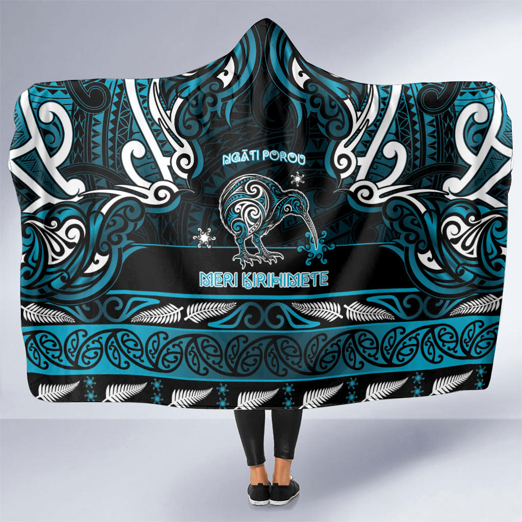 Ngati Porou Aotearoa Meri Kirihimete Hooded Blanket Maori Kiwi Bird Silver Fern Koru Pattern DT05 One Size Blue - Polynesian Pride
