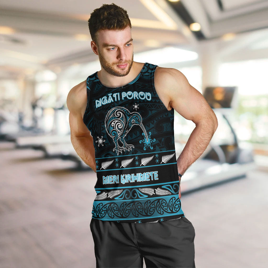 Personalised Ngati Porou Aotearoa Meri Kirihimete Men Tank Top Maori Kiwi Bird Silver Fern Koru Pattern DT05 Blue - Polynesian Pride