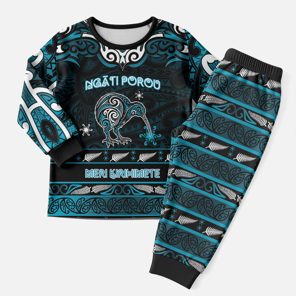 Personalised Ngati Porou Aotearoa Meri Kirihimete Christmas Pajama Set Maori Kiwi Bird Silver Fern Koru Pattern DT05 Men Blue - Polynesian Pride