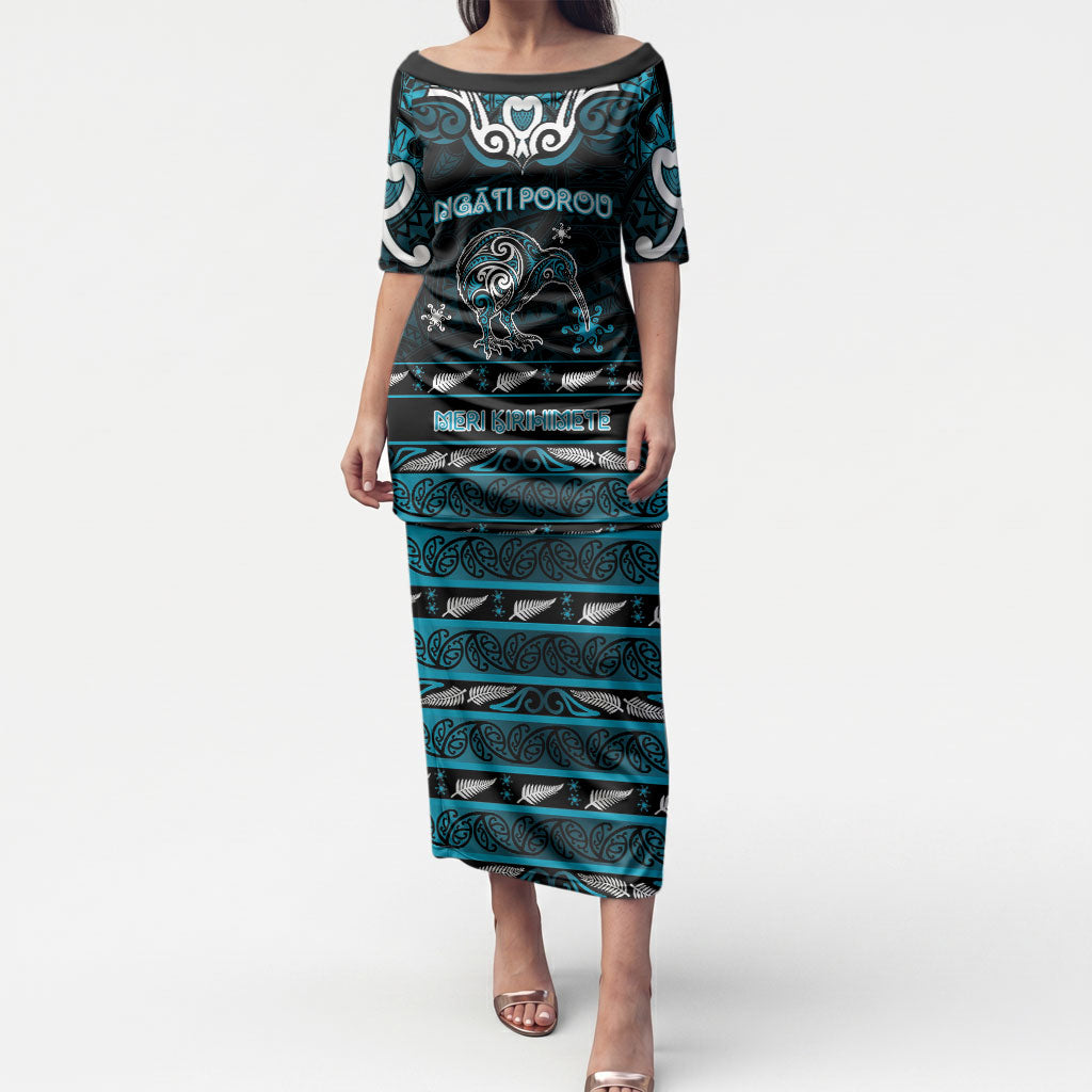 Personalised Ngati Porou Aotearoa Meri Kirihimete Puletasi Maori Kiwi Bird Silver Fern Koru Pattern DT05 Long Dress Blue - Polynesian Pride
