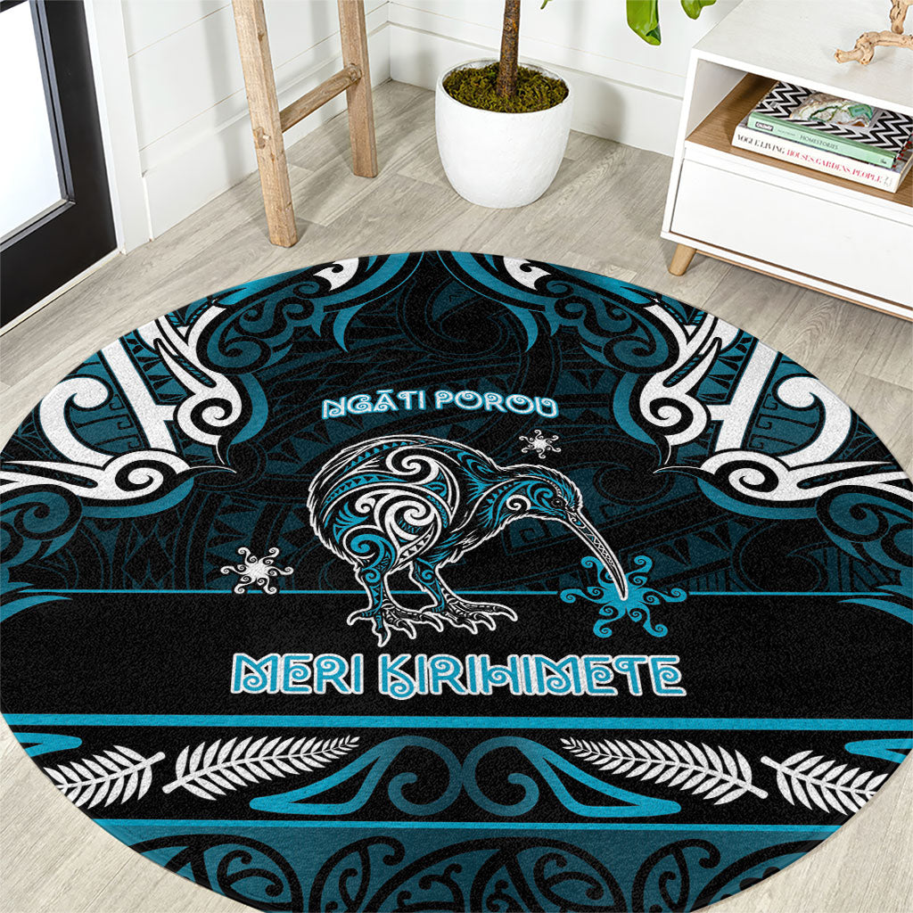 Ngati Porou Aotearoa Meri Kirihimete Round Carpet Maori Kiwi Bird Silver Fern Koru Pattern DT05 Blue - Polynesian Pride