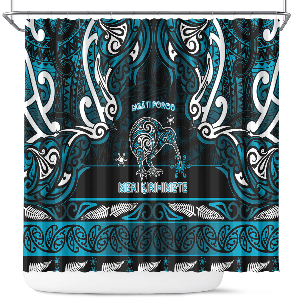 Ngati Porou Aotearoa Meri Kirihimete Shower Curtain Maori Kiwi Bird Silver Fern Koru Pattern DT05 Blue - Polynesian Pride