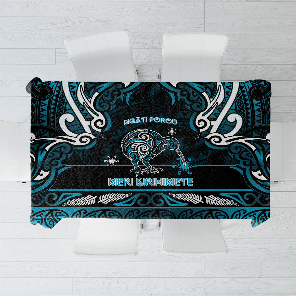 Ngati Porou Aotearoa Meri Kirihimete Tablecloth Maori Kiwi Bird Silver Fern Koru Pattern DT05 Blue - Polynesian Pride