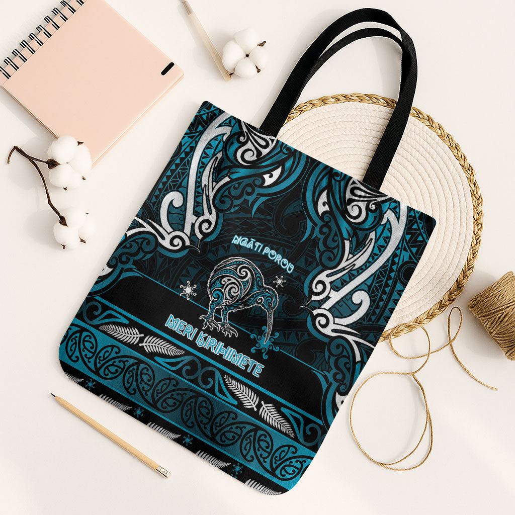 Ngati Porou Aotearoa Meri Kirihimete Tote Bag Maori Kiwi Bird Silver Fern Koru Pattern DT05 Black Strap One Size Blue - Polynesian Pride