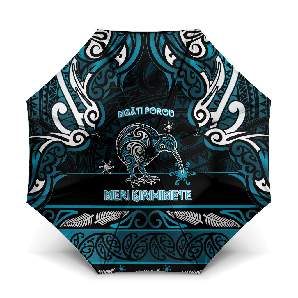 Ngati Porou Aotearoa Meri Kirihimete Umbrella Maori Kiwi Bird Silver Fern Koru Pattern DT05 One Size Folded 11.42 inch Opened Diameter 37.4 inch Blue - Polynesian Pride