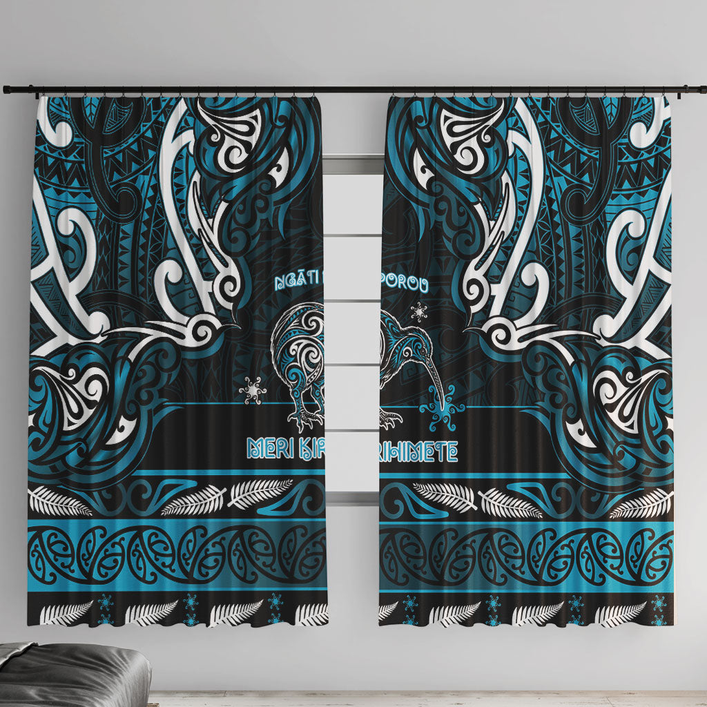 Ngati Porou Aotearoa Meri Kirihimete Window Curtain Maori Kiwi Bird Silver Fern Koru Pattern DT05 With Hooks Blue - Polynesian Pride