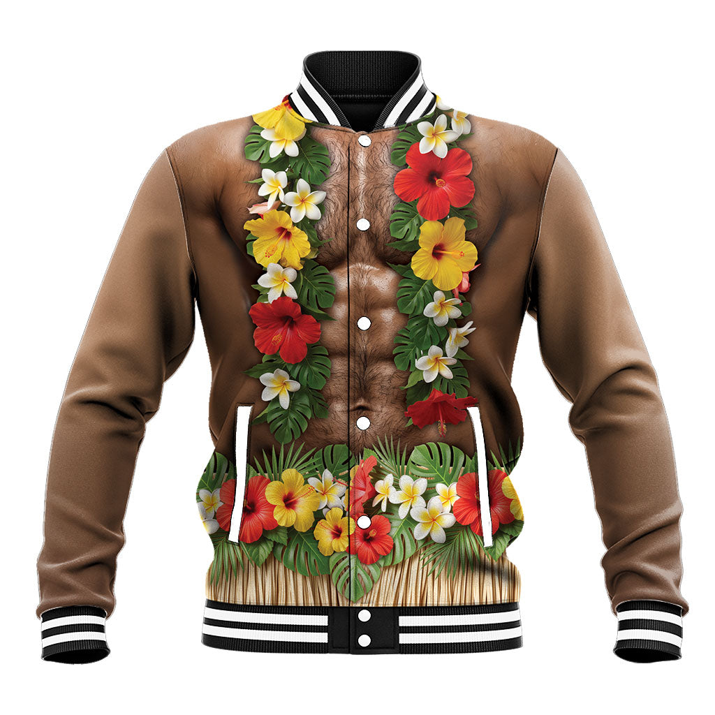 Muscle Hairy Hawaii 3D Funny Graphic Baseball Jacket Six Pack Abs Flower Lei Luau Prank DT05 Unisex Beige - Polynesian Pride