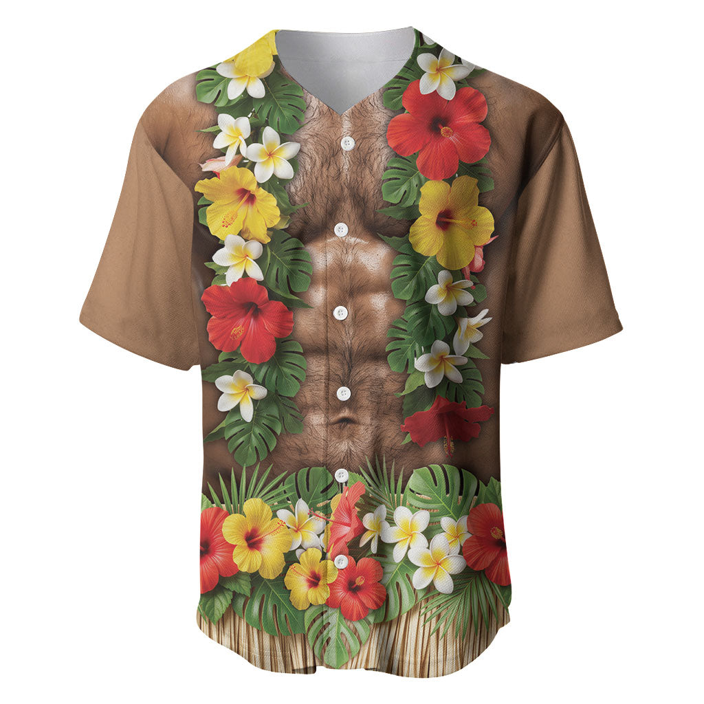 Muscle Hairy Hawaii 3D Funny Graphic Baseball Jersey Six Pack Abs Flower Lei Luau Prank