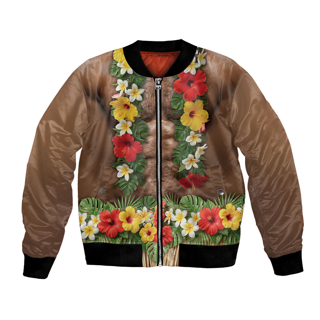 Muscle Hairy Hawaii 3D Funny Graphic Bomber Jacket Six Pack Abs Flower Lei Luau Prank