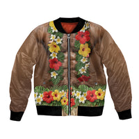 Muscle Hairy Hawaii 3D Funny Graphic Bomber Jacket Six Pack Abs Flower Lei Luau Prank DT05 Unisex Beige - Polynesian Pride