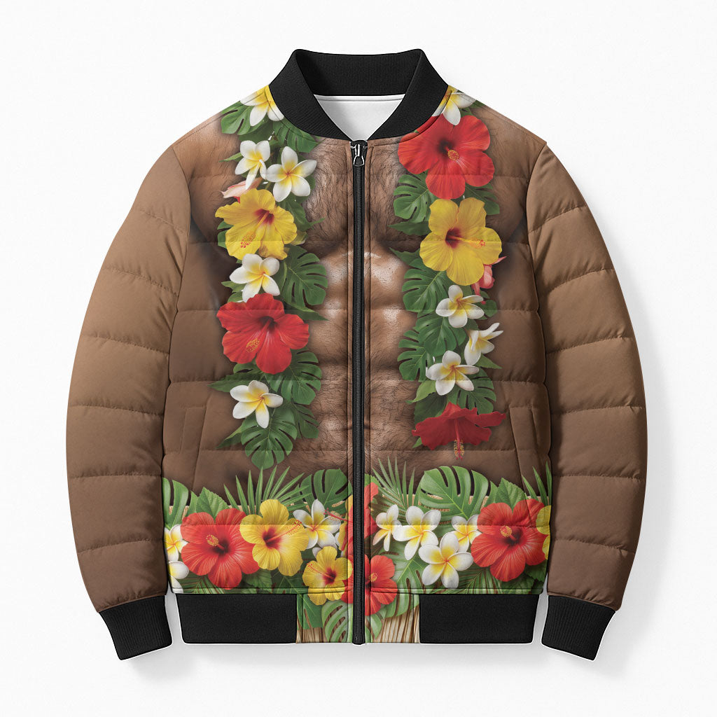 Muscle Hairy Hawaii 3D Funny Graphic Bomber Puffer Jacket Six Pack Abs Flower Lei Luau Prank