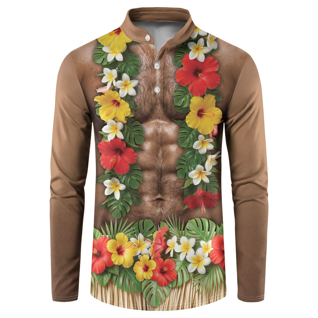 Muscle Hairy Hawaii 3D Funny Graphic Button Sweatshirt Six Pack Abs Flower Lei Luau Prank