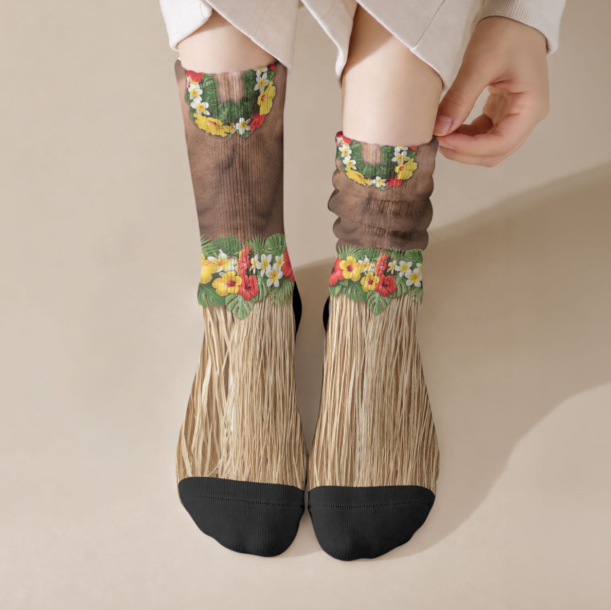 Muscle Hairy Hawaii 3D Funny Graphic Crew Socks Six Pack Abs Flower Lei Luau Prank DT05 Crew Socks Beige - Polynesian Pride