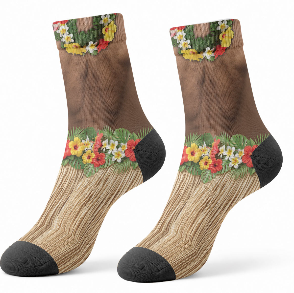 Muscle Hairy Hawaii 3D Funny Graphic Crew Socks Six Pack Abs Flower Lei Luau Prank DT05 - Polynesian Pride