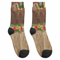 Muscle Hairy Hawaii 3D Funny Graphic Crew Socks Six Pack Abs Flower Lei Luau Prank DT05 - Polynesian Pride