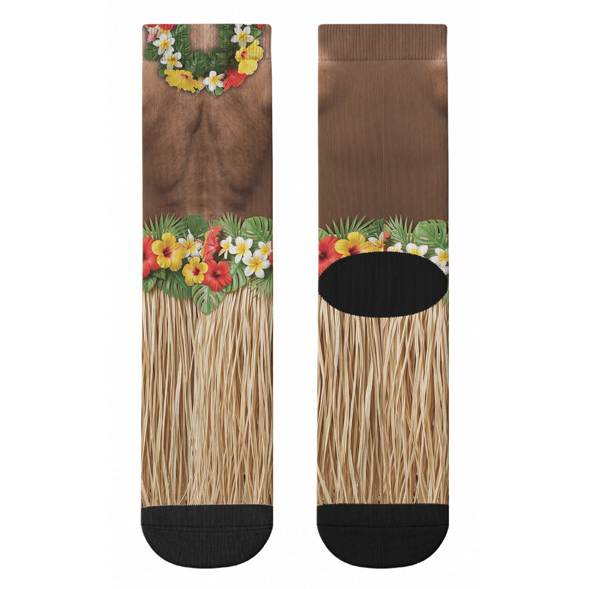 Muscle Hairy Hawaii 3D Funny Graphic Crew Socks Six Pack Abs Flower Lei Luau Prank DT05 - Polynesian Pride