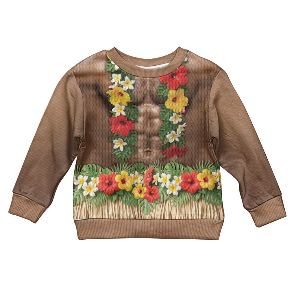 Muscle Hairy Hawaii 3D Funny Graphic Kid Ugly Christmas Sweater Six Pack Abs Flower Lei Luau Prank DT05 Kid Beige - Polynesian Pride