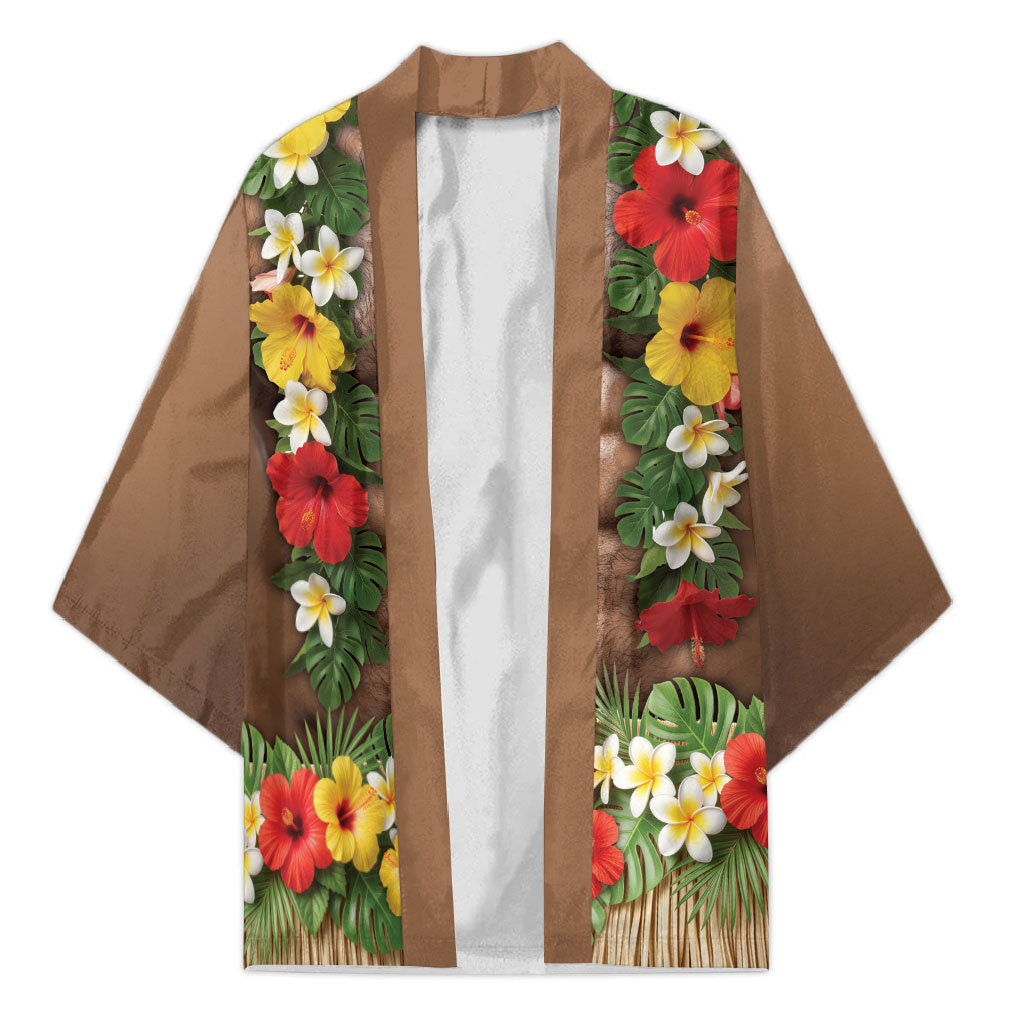 Muscle Hairy Hawaii 3D Funny Graphic Kimono Six Pack Abs Flower Lei Luau Prank DT05 Unisex Beige - Polynesian Pride