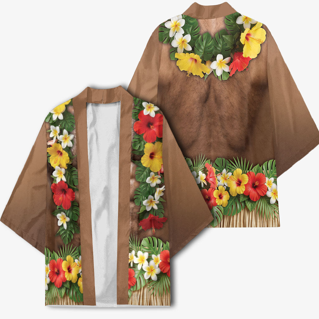Muscle Hairy Hawaii 3D Funny Graphic Kimono Six Pack Abs Flower Lei Luau Prank DT05 - Polynesian Pride
