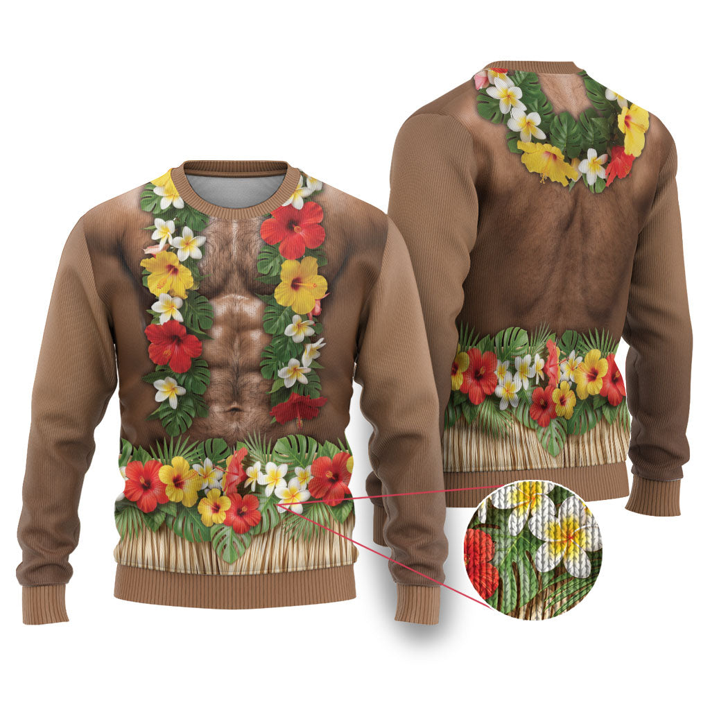 Muscle Hairy Hawaii 3D Funny Graphic Ugly Christmas Sweater Six Pack Abs Flower Lei Luau Prank DT05 Beige - Polynesian Pride
