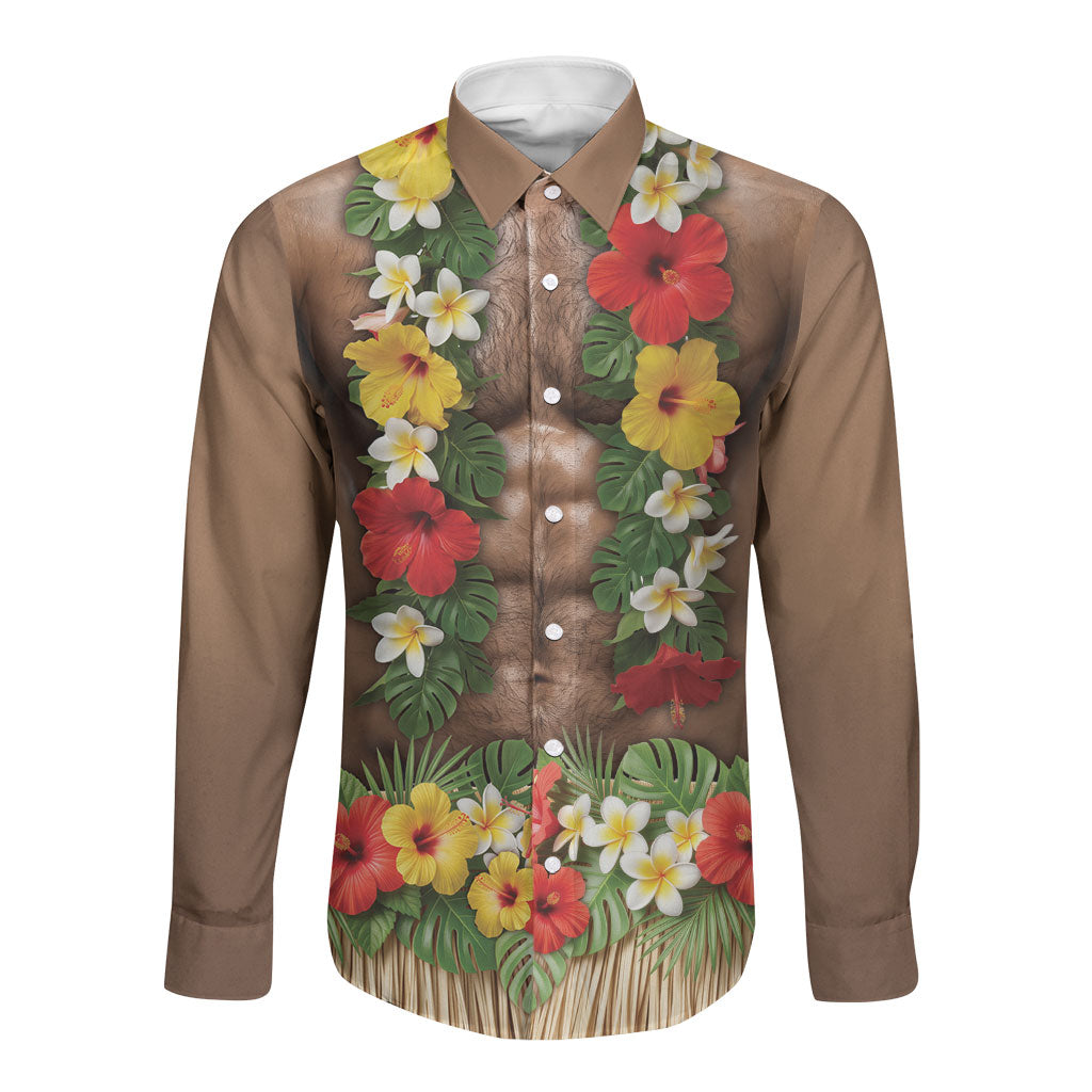 Muscle Hairy Hawaii 3D Funny Graphic Long Sleeve Button Shirt Six Pack Abs Flower Lei Luau Prank