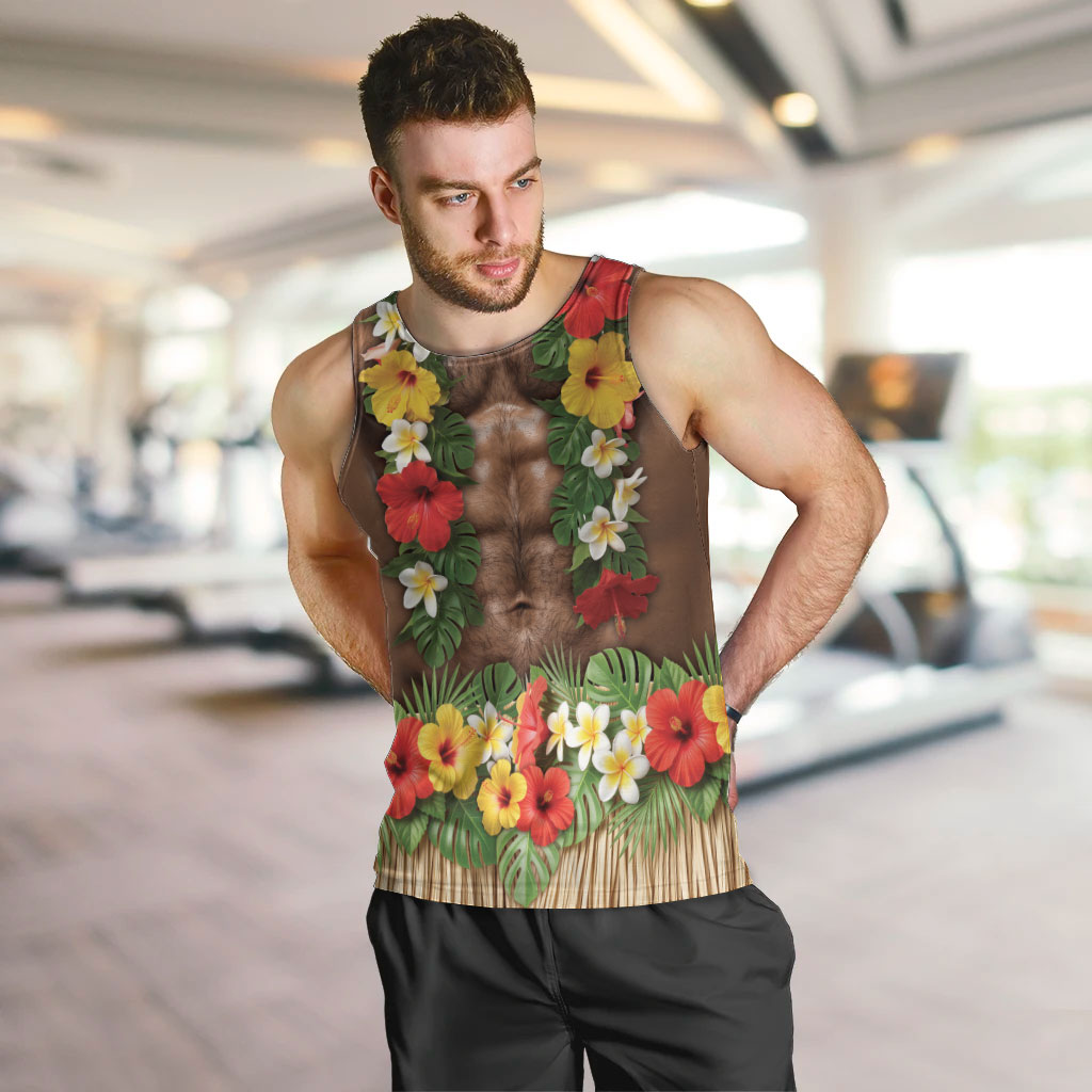 Muscle Hairy Hawaii 3D Funny Graphic Men Tank Top Six Pack Abs Flower Lei Luau Prank DT05 Beige - Polynesian Pride