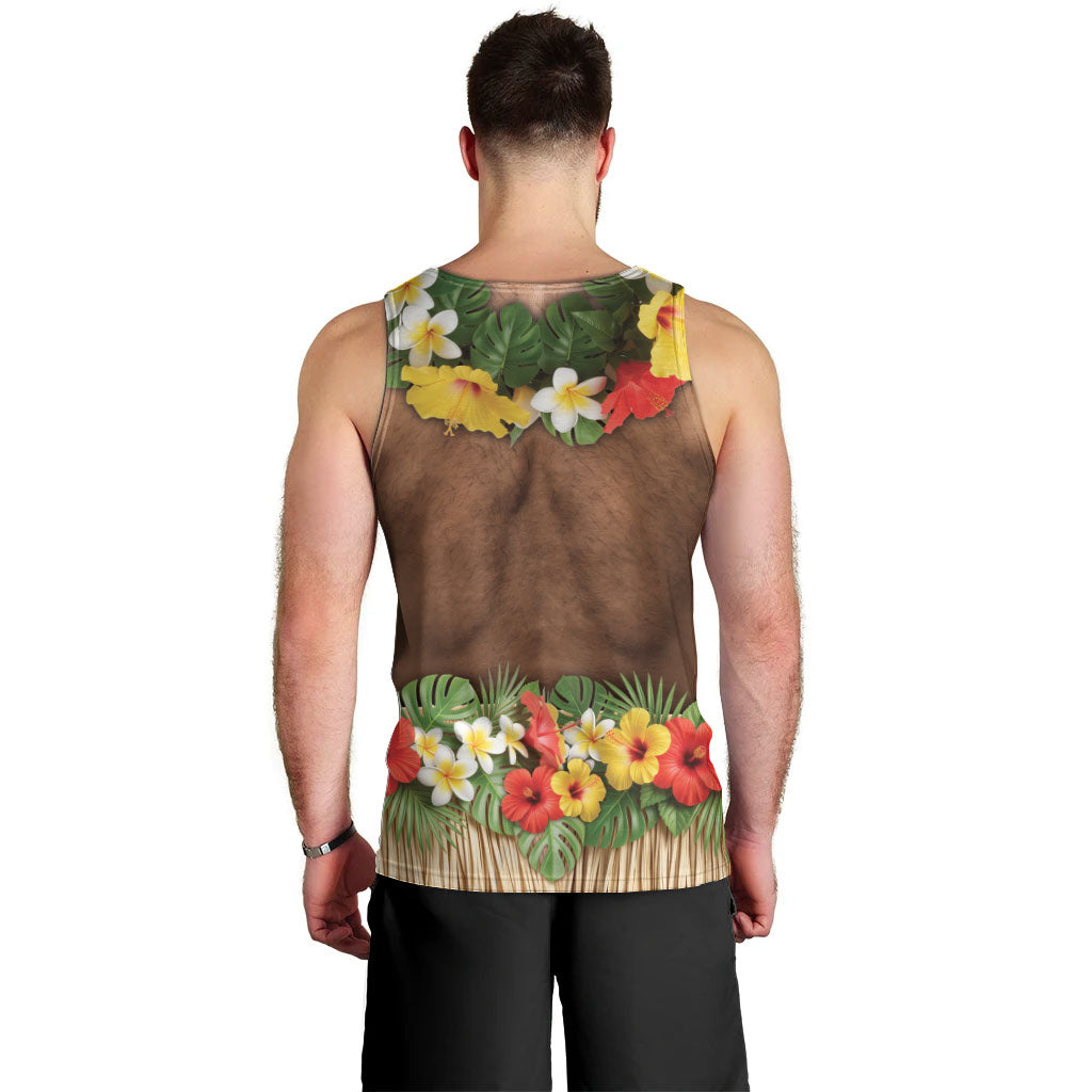 Muscle Hairy Hawaii 3D Funny Graphic Men Tank Top Six Pack Abs Flower Lei Luau Prank DT05 - Polynesian Pride