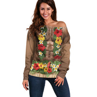 Muscle Hairy Hawaii 3D Funny Graphic Off Shoulder Sweater Six Pack Abs Flower Lei Luau Prank DT05 Women Beige - Polynesian Pride