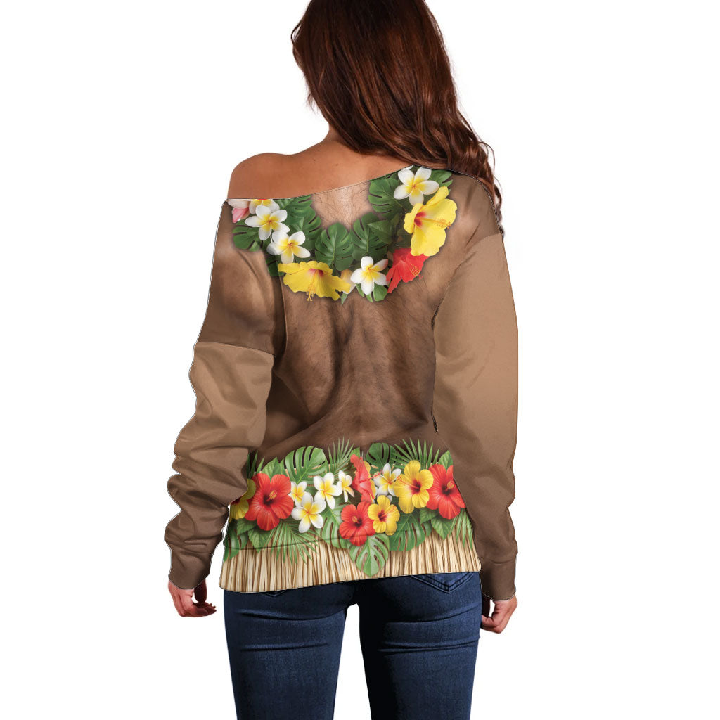 Muscle Hairy Hawaii 3D Funny Graphic Off Shoulder Sweater Six Pack Abs Flower Lei Luau Prank DT05 - Polynesian Pride