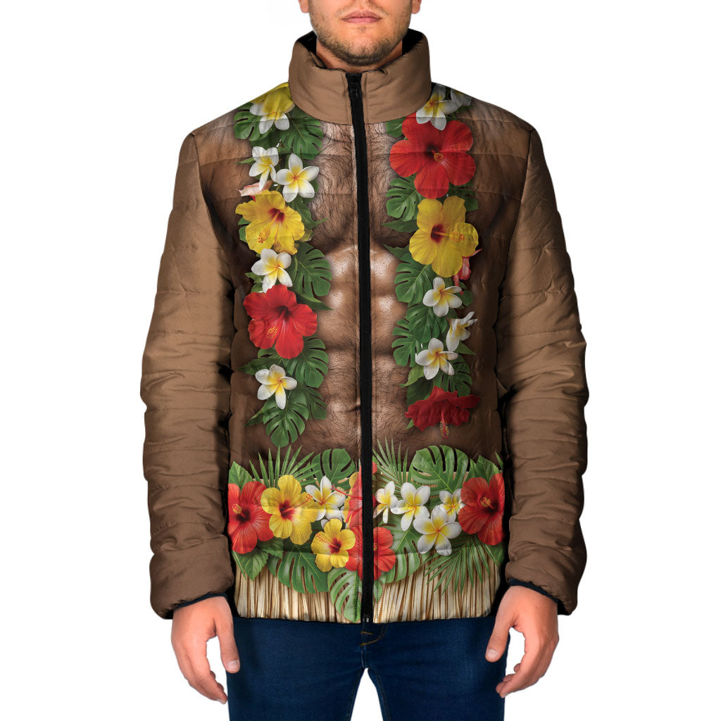 Muscle Hairy Hawaii 3D Funny Graphic Padded Jacket Six Pack Abs Flower Lei Luau Prank DT05 Men Beige - Polynesian Pride