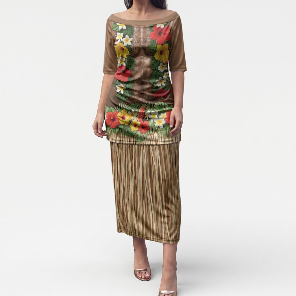 Muscle Hairy Hawaii 3D Funny Graphic Puletasi Six Pack Abs Flower Lei Luau Prank DT05 Long Dress Beige - Polynesian Pride
