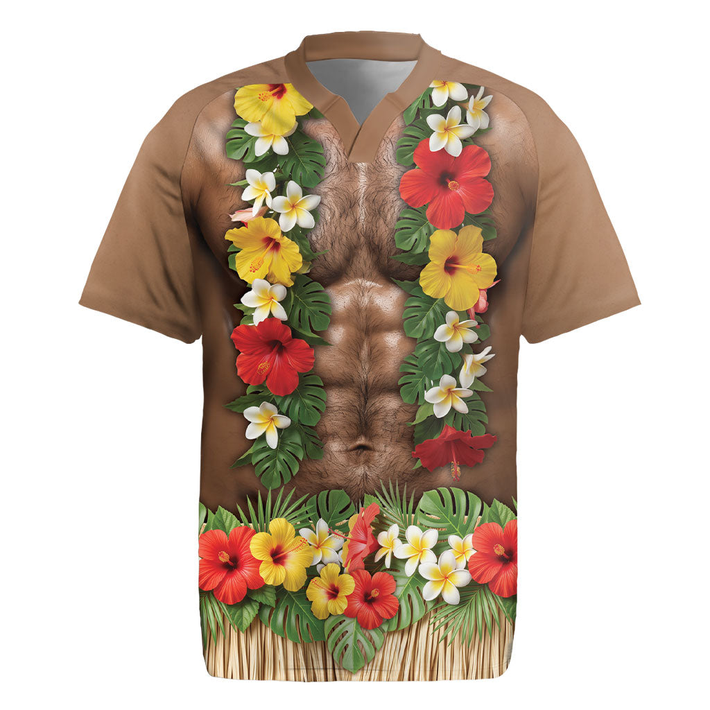 Muscle Hairy Hawaii 3D Funny Graphic Rugby Jersey Six Pack Abs Flower Lei Luau Prank DT05 Beige - Polynesian Pride