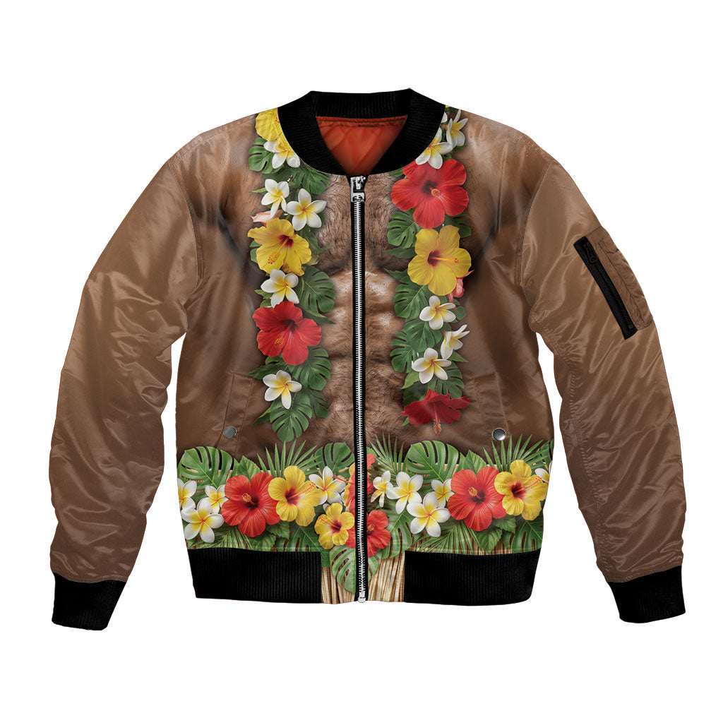 Muscle Hairy Hawaii 3D Funny Graphic Sleeve Zip Bomber Jacket Six Pack Abs Flower Lei Luau Prank