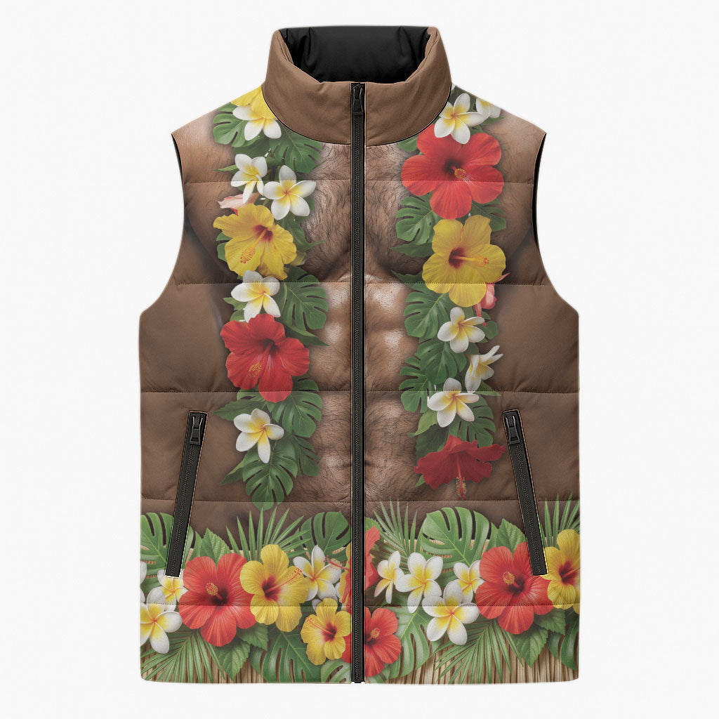 Muscle Hairy Hawaii 3D Funny Graphic Sleeveless Puffer Jacket Six Pack Abs Flower Lei Luau Prank