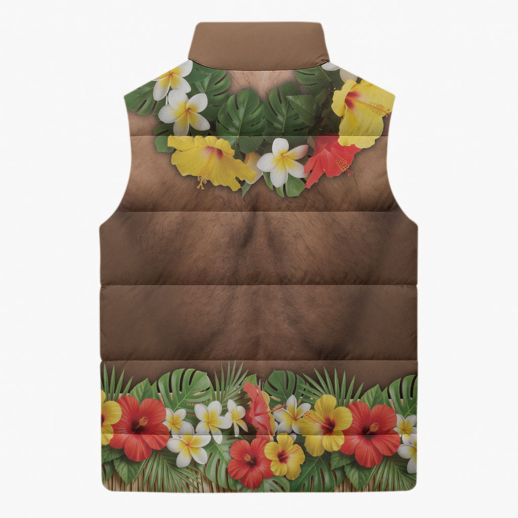 Muscle Hairy Hawaii 3D Funny Graphic Sleeveless Puffer Jacket Six Pack Abs Flower Lei Luau Prank DT05 - Polynesian Pride