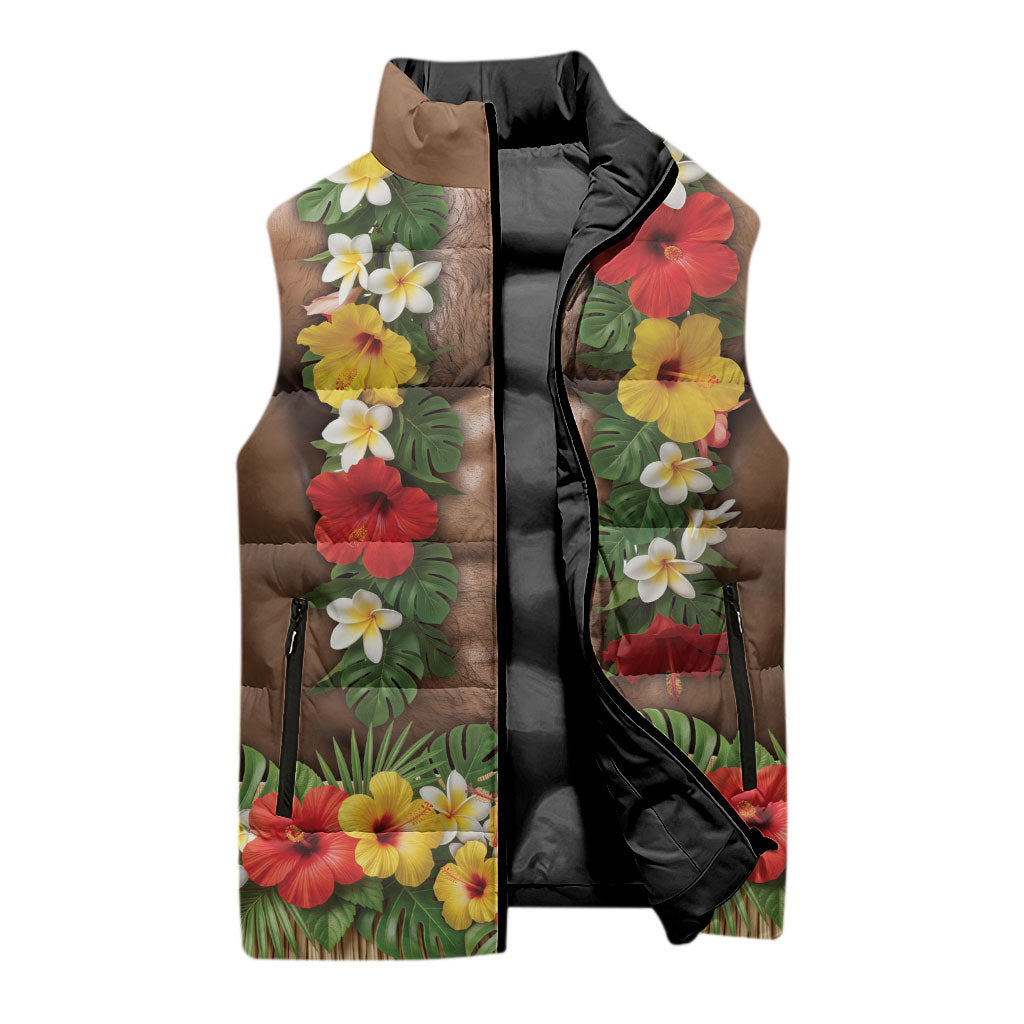 Muscle Hairy Hawaii 3D Funny Graphic Sleeveless Puffer Jacket Six Pack Abs Flower Lei Luau Prank DT05 - Polynesian Pride